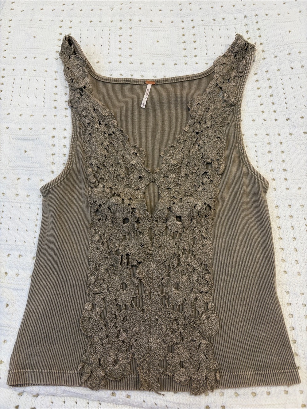 Free People Olive Crochet-Front Ribbed Tank